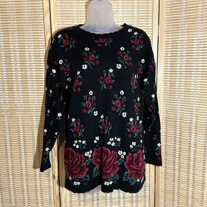 Anastasia Zoto Classic Elements Petite Black Sweater Roses Print Medium 90s Y2K